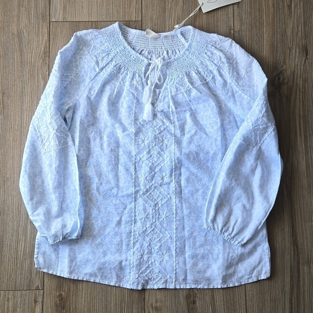 Joie Embroidered Cottage Core Boho Prairie Linen Cotton Blend Tassle Blouse